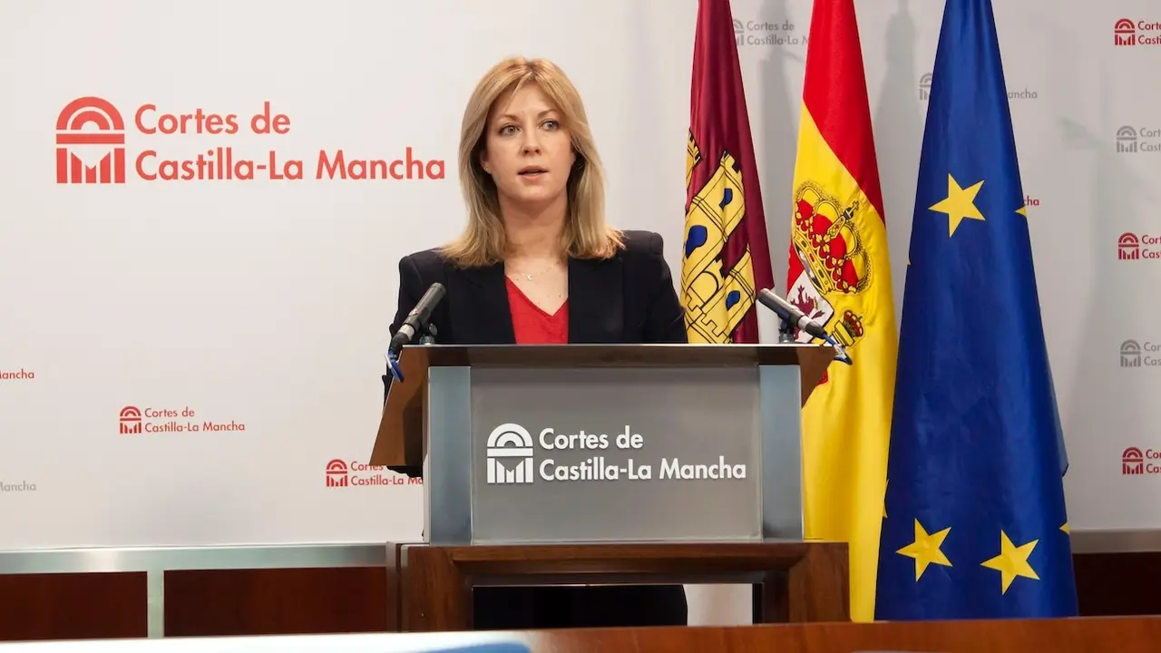La portavoz del PSOE en las Cortes de Castilla-La Mancha, Ana Isabel Abengózar, durante la rueda de prensa que ha ofrecido en el Parlamento regional