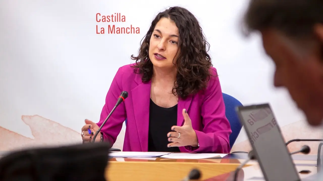 La diputada del PSOE en las Cortes de Castilla-La Mancha, Paloma Jiménez, durante la rueda de prensa que ha ofrecido en el Parlamento regional