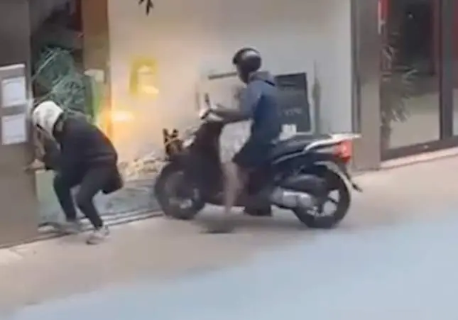 VIDEO. A plena luz del día: estampan una moto contra una farmacia y roban la caja