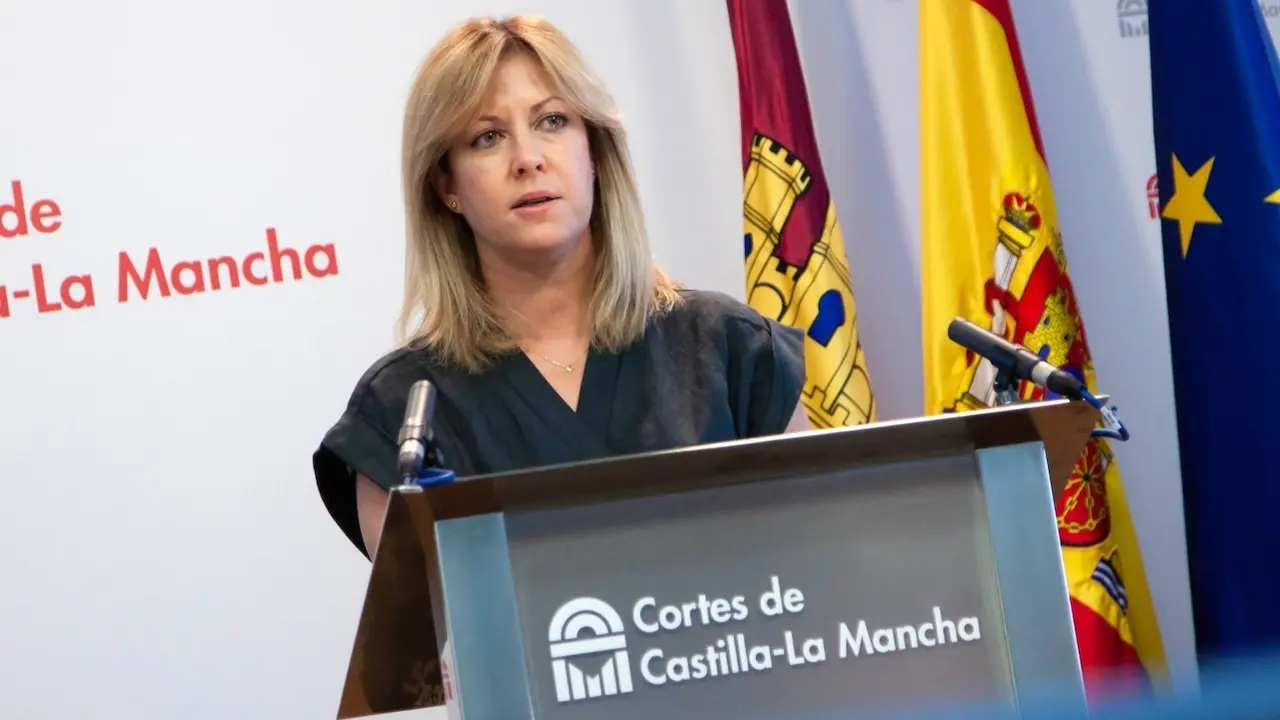 La portavoz del PSOE en las Cortes de Castilla-La Mancha, Ana Isabel Abengózar, durante la rueda de prensa que ha ofrecido en el Parlamento regional