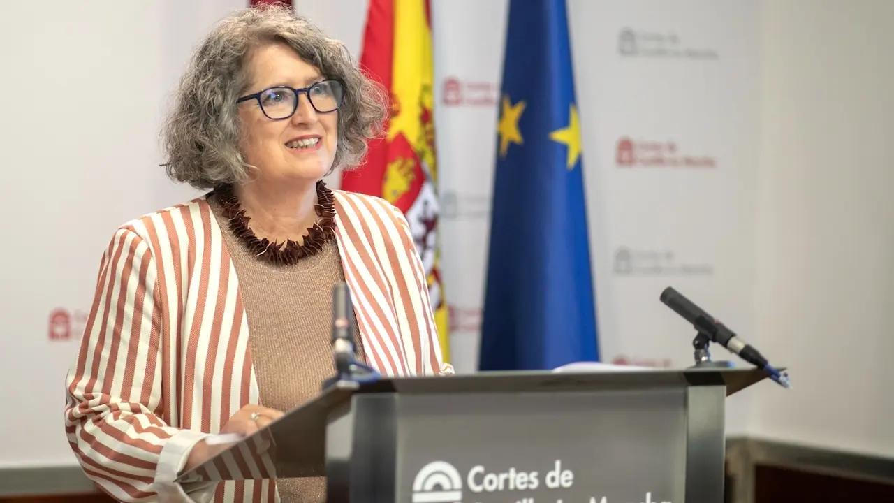 La consejera de Desarrollo Sostenible, Mercedes Gómez, en rueda de prensa en las Cortes de Castilla-La Mancha antes de su comparecencia ante el Pleno