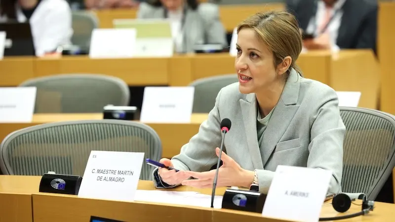 La eurodiputada castellanomanchega Cristina Maestre durante su intervención en la Comisión de Agricultura y Desarrollo Rural del Parlamento Europeo