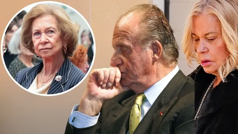 En el fotomontaje en imágenes de archivo la reina Sofía, el rey Juan Carlos I y Bárbara Rey