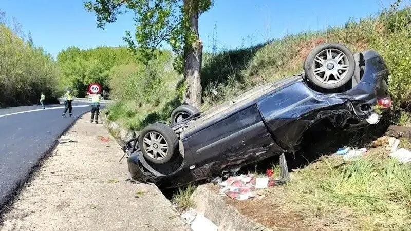 Imagen de archivo de un accidente de tráfico con un turismo volcado tras salirse de la vía, salida de vía, volcar, choque, colisión