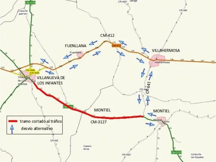 La carretera CM-3127 que une Villanueva de los Infantes con Montiel, cortada por obras