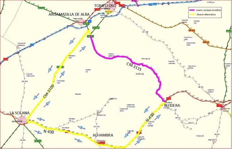 La CM-3115 entre Argamasilla de Alba y Ruidera cerrada al tráfico por obras