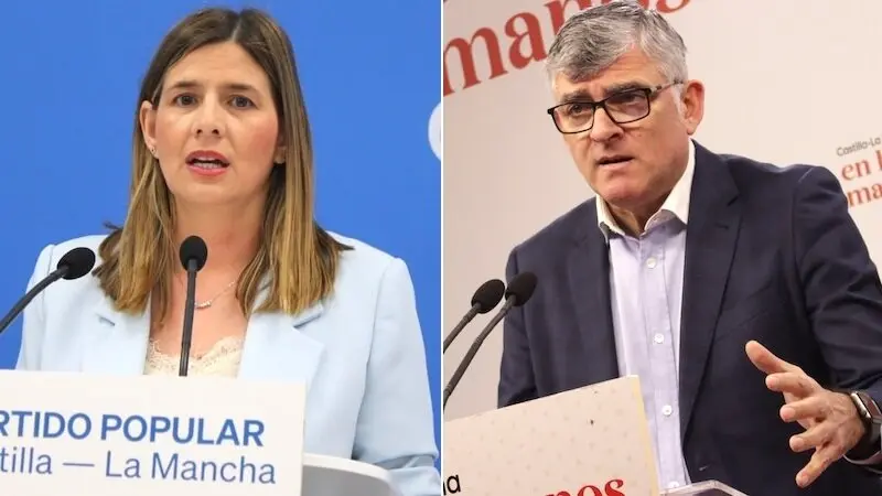 La secretaria general del PP de Castilla-La Mancha y portavoz parlamentaria, Carolina Agudo, y el presidente del PSOE en las Cortes de Castilla-La Mancha, Ángel Tomás Godoy, en sendas ruedas de prensa
