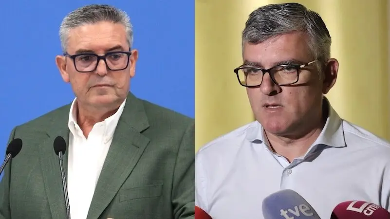 El diputado regional del PP, Santiago Lucas-Torres, y el del PSOE, Ángel Tomás Godoy, en sendas comparecencias ante los medios este miércoles