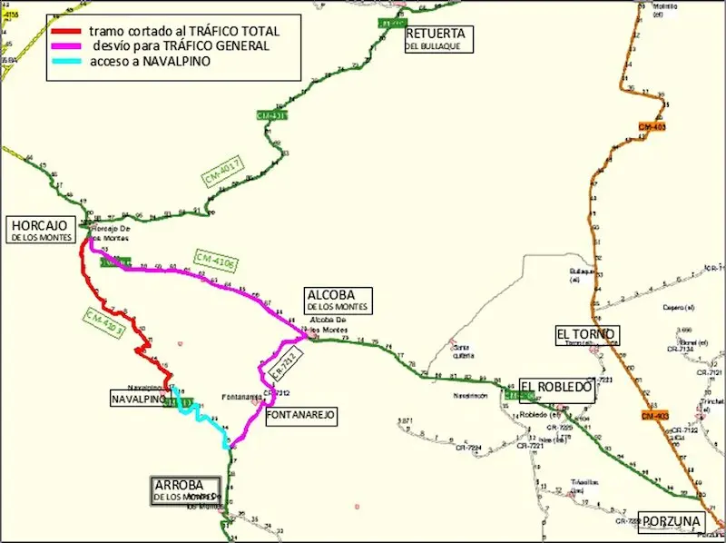 La CM-4103 de Horcajo de los Montes a Navalpino, cerrada hasta el día 8 de agosto por obras