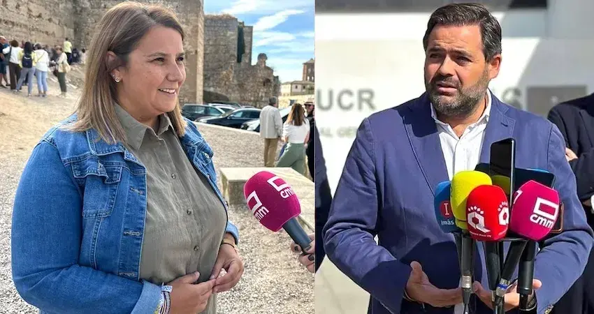 La presidente del PSOE de las provincia de Toledo, Tita García Élez, atendiendo a los medios este sábado en Escalona, y el presidente del PP de Castilla-La Mancha, Paco Núñez, en una imagen de archivo