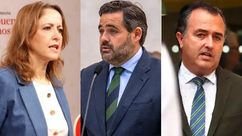 La vicesecretaria del PSOE de Castilla-La Mancha, Cristina Maestre; el presidente regional del PP, Paco Núñez y el presidente de Vox en las Cortes Regionales, David Moreno