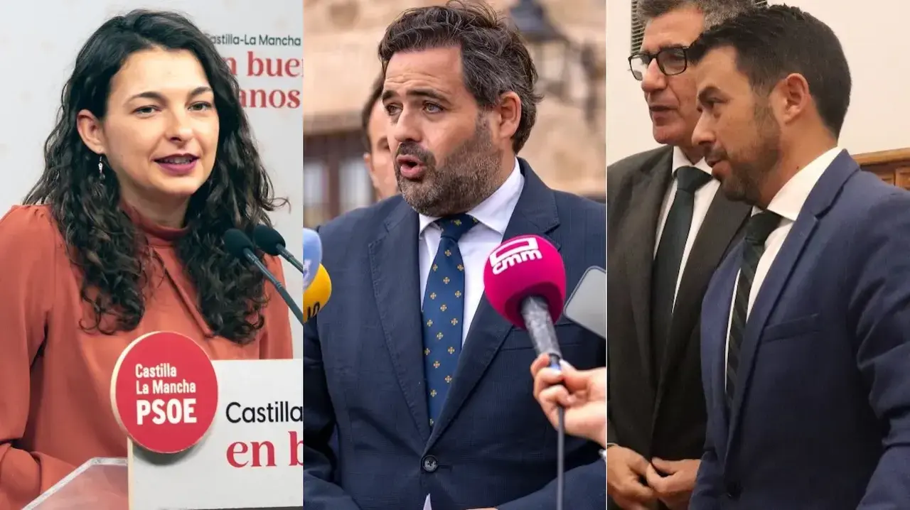 La diputada regional del PSOE, Paloma Jiménez; el presidente regional del PP, Paco Núñez; y el portavoz de Vox en las Cortes regionales, Iván Sánchez