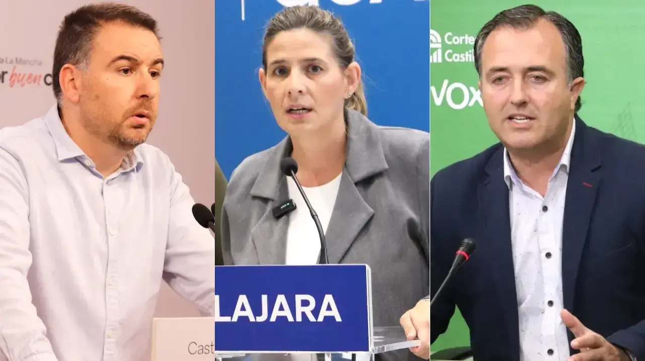El diputado regional del PSOE, Antonio Sánchez Requena; la secretaria general del PP de Castilla-La Mancha, Carolina Agudo; y el presidente de Vox en las Cortes, David Moreno