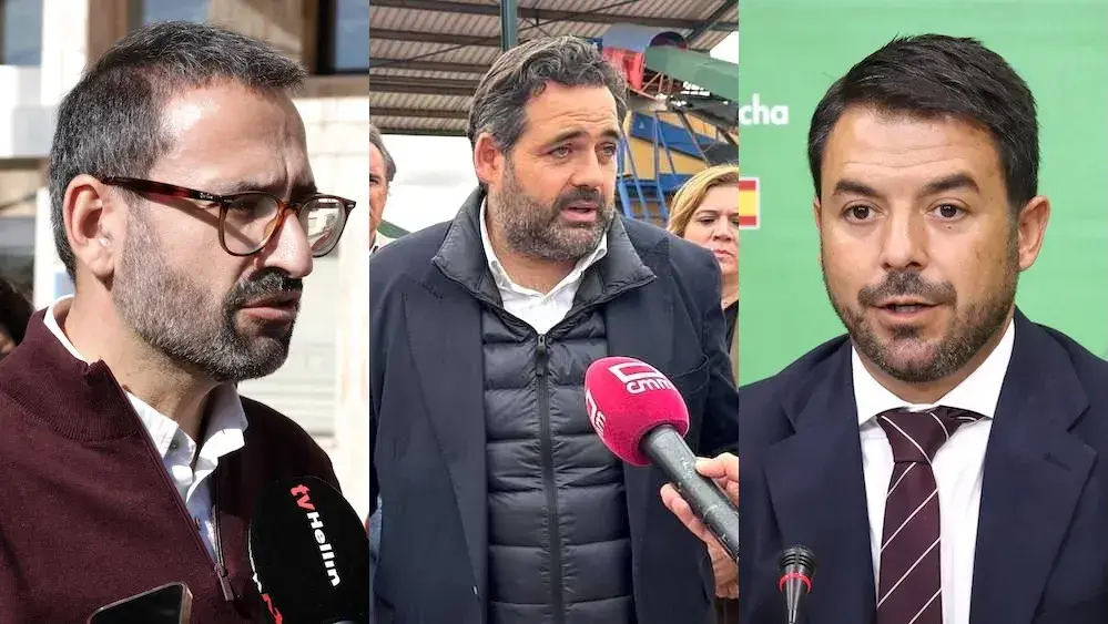 El secretario de Organización del PSOE de Castilla-La Mancha, Sergio Gutiérrez; el presidente regional del PP, Paco Núñez; y el portavoz de Vox en las Cortes regionales, Iván Sánchez