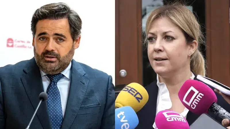 El presidente del PP de Castilla-La Mancha, Paco Núñez, y la portavoz del PSOE en las Cortes, Ana Isabel Abengózar, este lunes atendiendo a los medios de comunicación