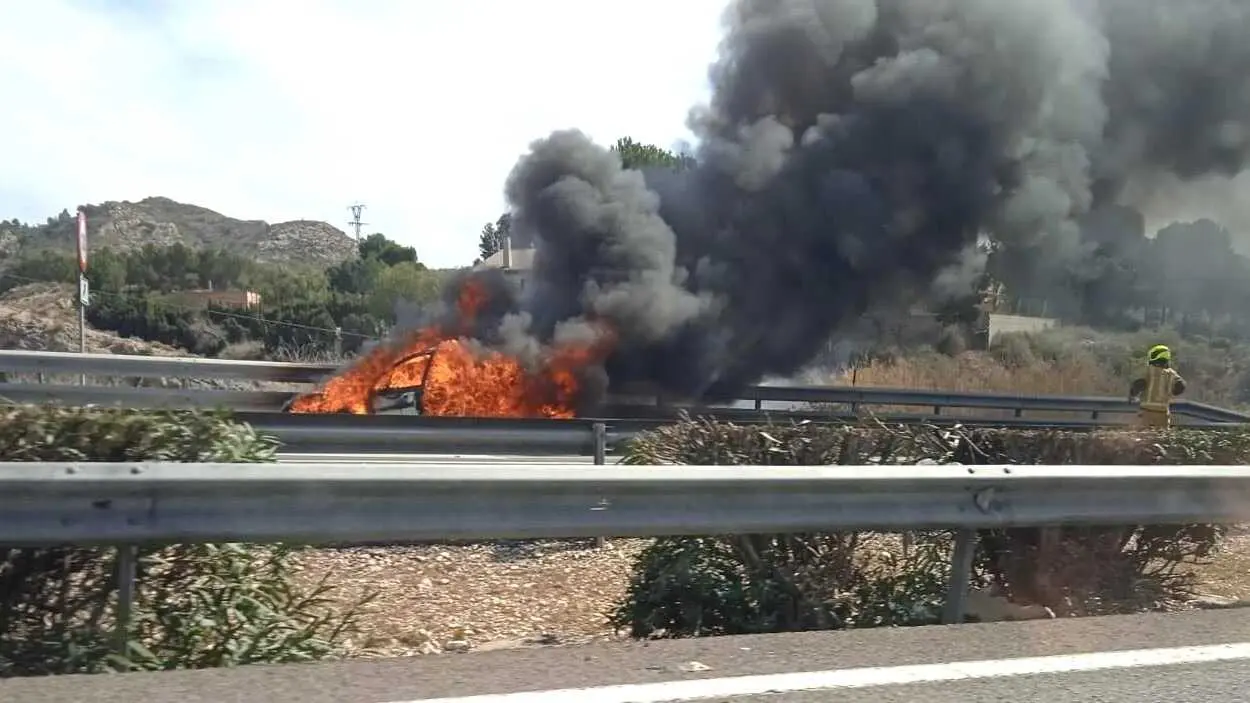 Muere un conductor tras chocar con la mediana e incendiarse su veh&iacute;culo, incendiado, ardiendo,
