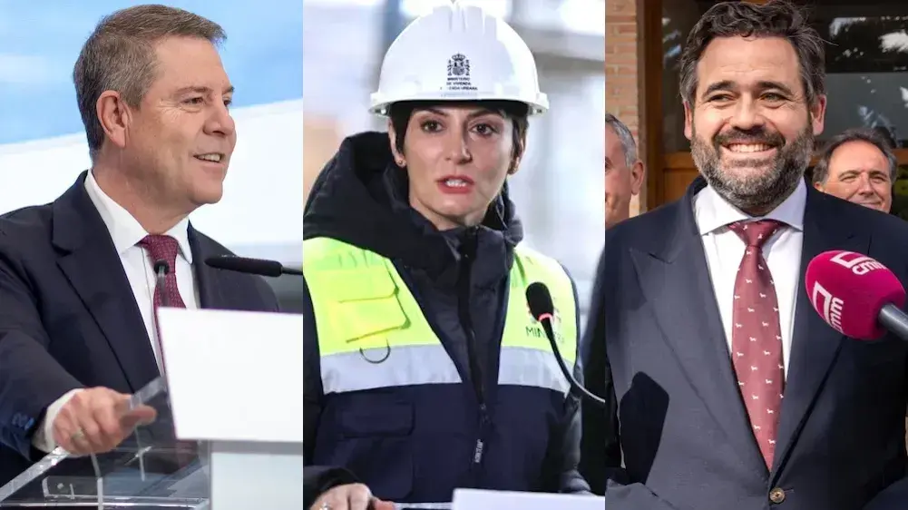 El presidente de Castilla-La Mancha, Emiliano Garc&iacute;a-Page; la ministra de Vivienda Isabel Rodr&iacute;guez; y el presidente del PP de Castilla-La Mancha, Paco N&uacute;&ntilde;ez