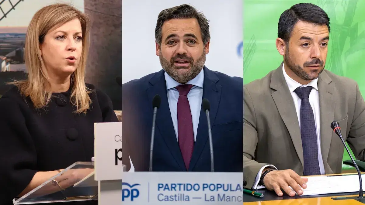La portavoz del PSOE en las Cortes de Castilla-La Mancha, Ana Isabel Abeng&oacute;zar; el presidente del PP, Paco N&uacute;&ntilde;ez; y el portavoz de Vox en las Cortes regionales, Iv&aacute;n S&aacute;nchez