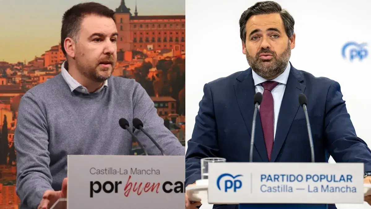 El diputado regional del PSOE, Antonio S&aacute;nchez Requena, y el presidente del PP de Castilla-La Mancha, Paco N&uacute;&ntilde;ez, en sendas comparecencias este viernes.