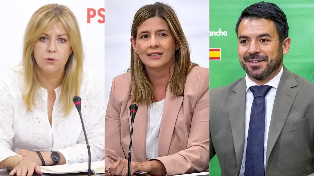 Los portavoces parlamentarios de PSOE, PP y Vox, Ana Isabel Abeng&oacute;zar, Carolina Agudo e Iv&aacute;n S&aacute;nchez, respectivamente, durante las ruedas de prensa que han ofrecido