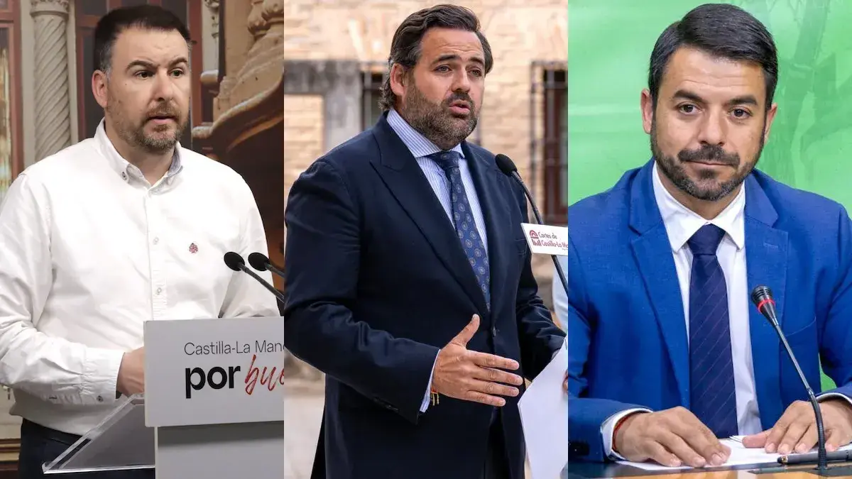 El diputado regional del PSOE, Antonio S&aacute;nchez Requena; el presidente del PP de Castilla-La Mancha, Paco N&uacute;&ntilde;ez; y el portavoz parlamentario de Vox, Iv&aacute;n S&aacute;nchez