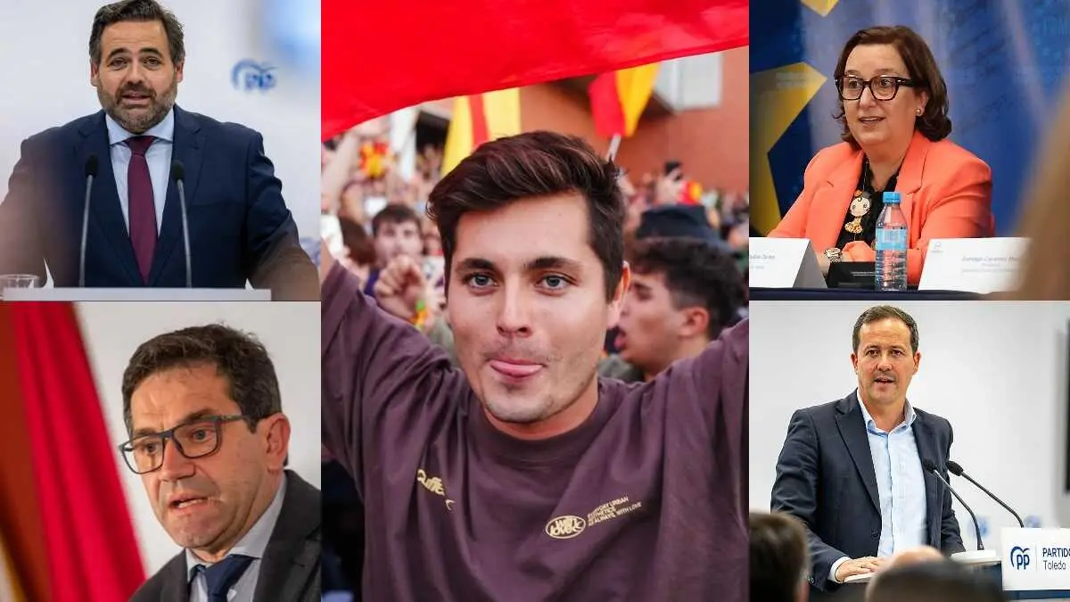 En el fotomontaje en im&aacute;genes de archivo (arriba-abajo / izquierda-derecha) Paco N&uacute;&ntilde;ez, presidente regional del PP; Miguel &Aacute;ngel Valverde, presidente de la Diputaci&oacute;n de Ciudad Real; el agitador ultra Vito Quiles; la presidente de la Diputaci&oacute;n de Toledo, Concepci&oacute;n Cedillo; y el alcalde de Toledo, Carlos Vel&aacute;zquez.