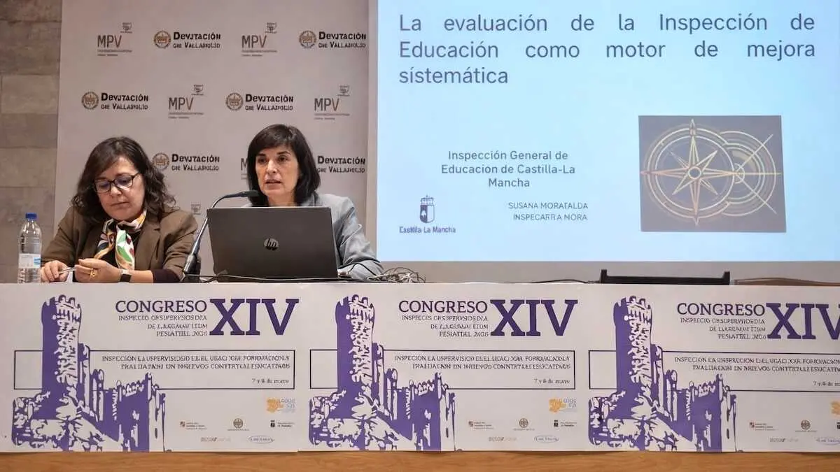 La inspectora general de Educaci&oacute;n de Castilla-La Mancha, Silvia Moratalla, durante su intervenci&oacute;n en el XIV Congreso de la Inspecci&oacute;n Educativa celebrado en Pe&ntilde;afiel (Valladolid)