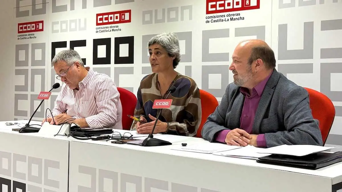 La secretaria general de la Federaci&oacute;n de Servicios de CCOO CLM, Sagrario Mancebo (c); el responsable de Acci&oacute;n Sindical de esa federaci&oacute;n, Santiago Zafrilla (d); y el secretario de Acci&oacute;n Sindical de CCOO CLM, &Aacute;ngel Le&oacute;n (i)