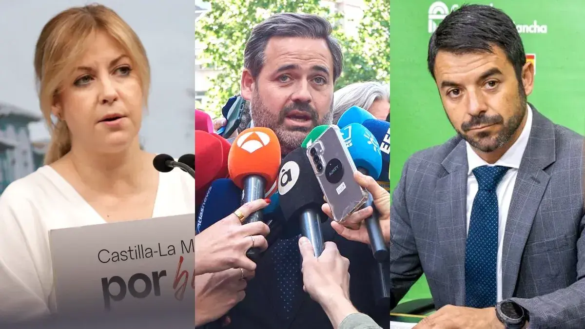 La portavoz del PSOE en las Cortes de Castilla-La Mancha, Ana Isabel Abeng&oacute;zar; el presidente del PP de Castilla-La Mancha, Paco N&uacute;&ntilde;ez; y el portavoz de Vox en las Cortes, Iv&aacute;n S&aacute;nchez