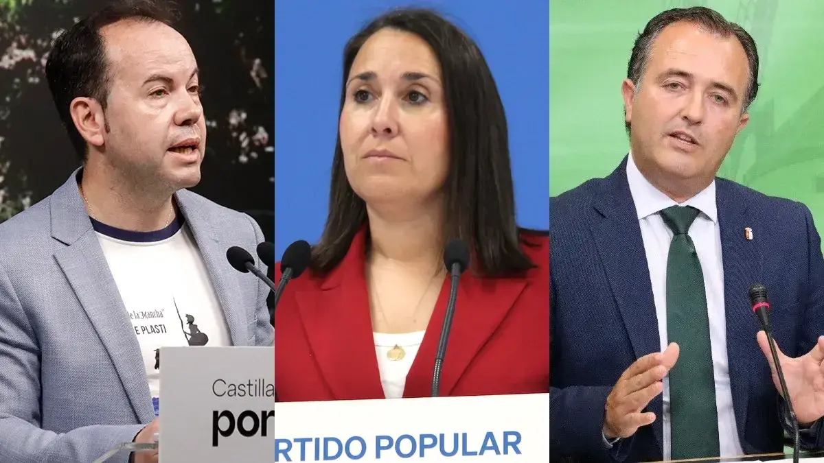 El secretario de Formaci&oacute;n del PSOE de Castilla-La Mancha, Sergio Garc&iacute;a-Navas; la portavoz del PP de Castilla-La Mancha, Alejandra Hern&aacute;ndez; y el presidente de Vox en las Cortes de Castilla-La Mancha, David Moreno.