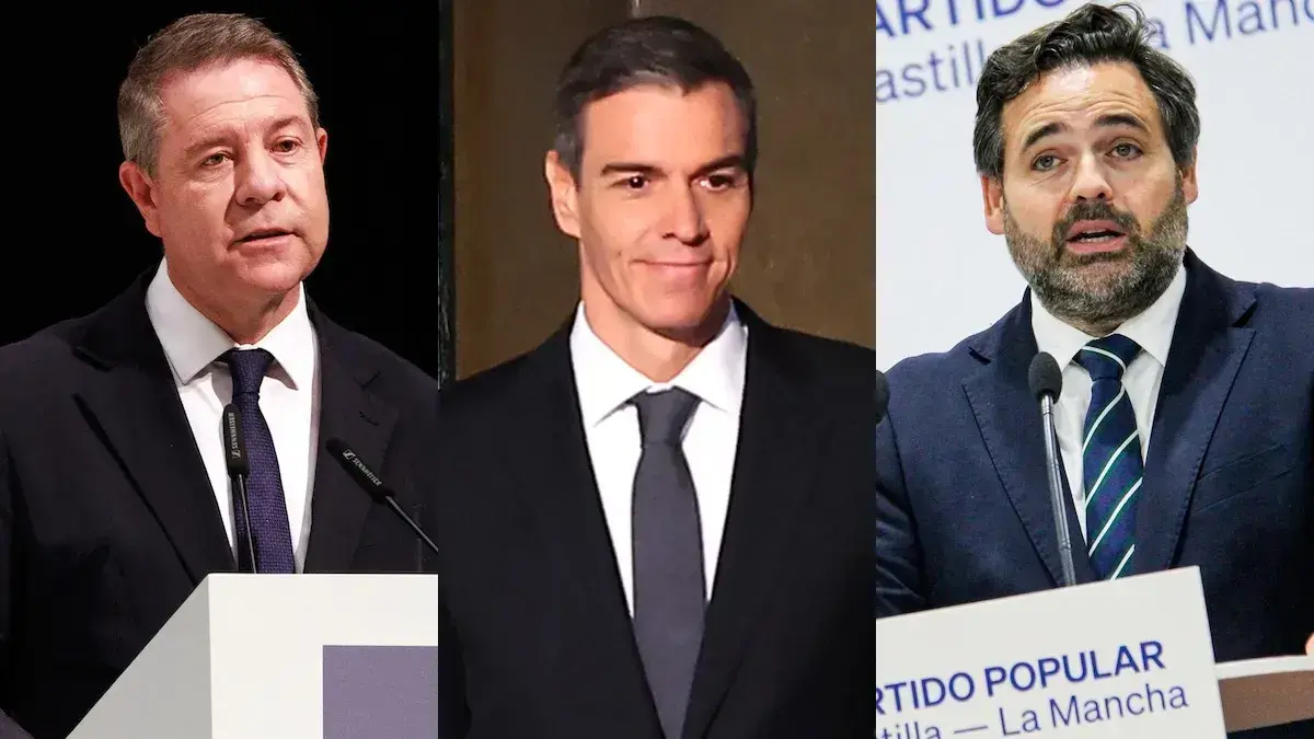 El presidente de Castilla-La Mancha, Emiliano Garc&iacute;a-Page; el presidente del Gobierno, Pedro S&aacute;nchez; y el presidente regional del PP, Paco N&uacute;&ntilde;ez