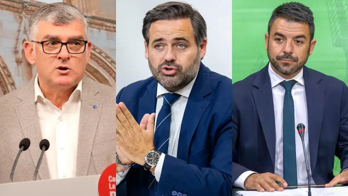 El presidente del PSOE en las Cortes de Castilla-La Mancha, &Aacute;ngel Tom&aacute;s Godoy; el presidente regional del PP, Paco N&uacute;&ntilde;ez; y el portavoz parlamentario de Vox, Iv&aacute;n S&aacute;nchez