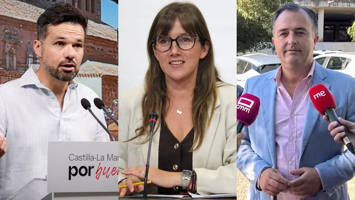 El secretario de Acci&oacute;n Electoral y Comunicaci&oacute;n Interna del PSOE de Castilla-La Mancha, Miguel Zamora; la vicesecretaria general regional del PP y diputada auton&oacute;mica, Tania Andicoberry; y el presidente de Vox en las Cortes regionales, David Moreno.
