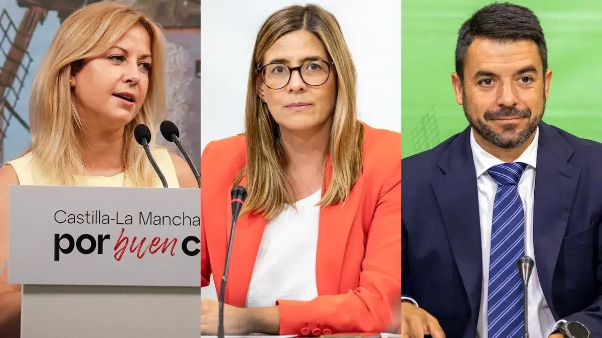 Los portavoces parlamentarios de PSOE, PP y Vox en las Cortes de Castilla-La Mancha, Ana Isabel Abeng&oacute;zar, Carolina Agudo e Iv&aacute;n S&aacute;nchez, respectivamente, durante sus comparecencias ante los medios este lunes.