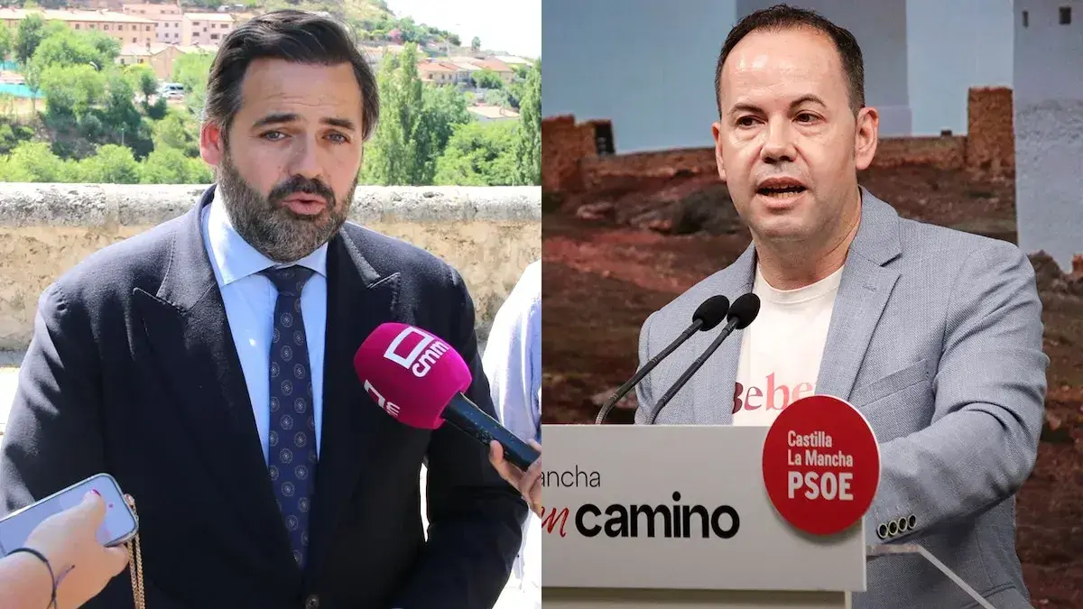 El presidente del PP de Castilla-La Mancha, Paco N&uacute;&ntilde;ez; y el secretario de Formaci&oacute;n del PSOE de Castilla-La Mancha, Sergio Garc&iacute;a-Navas; en sendas comparecencias ante los medios este mi&eacute;rcoles.