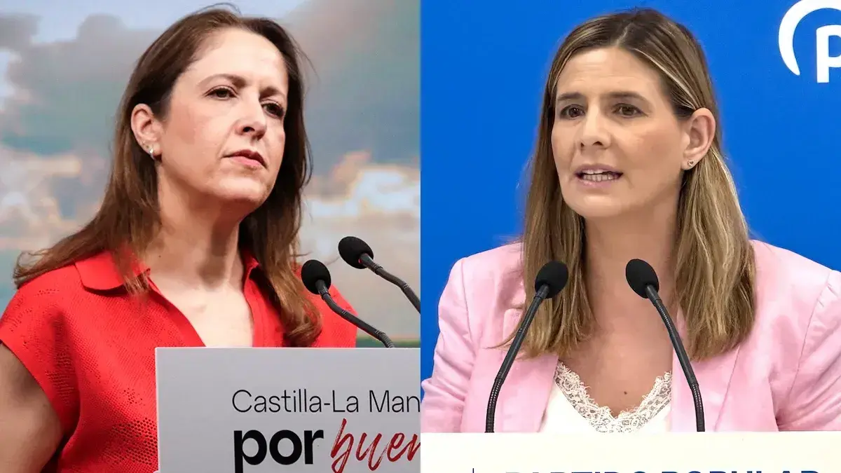 La vicesecretaria general del PSOE de Castilla-La Mancha, Cristina Maestre, y la secretaria general del PP, Carolina Agudo, en sendas comparecencias este martes en Toledo.