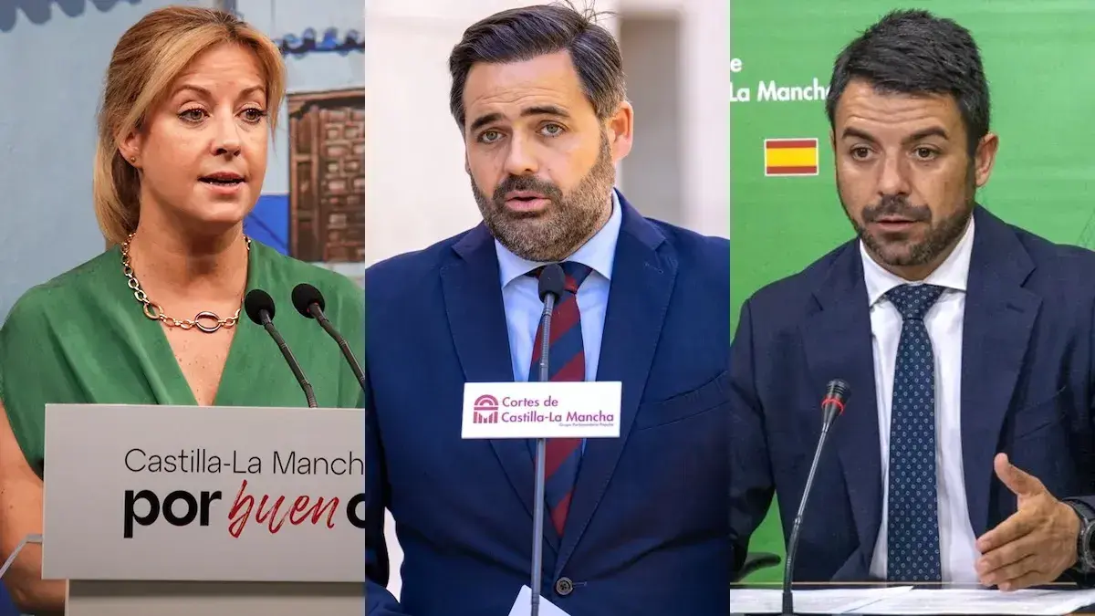 La portavoz del PSOE en las Cortes de Castilla-La Mancha, Ana Isabel Abeng&oacute;zar; el presidente regional del PP, Paco N&uacute;&ntilde;ez; y el portavoz de Vox en el parlamento, Iv&aacute;n S&aacute;nchez, durante su comparecencias ante los medios este lunes.