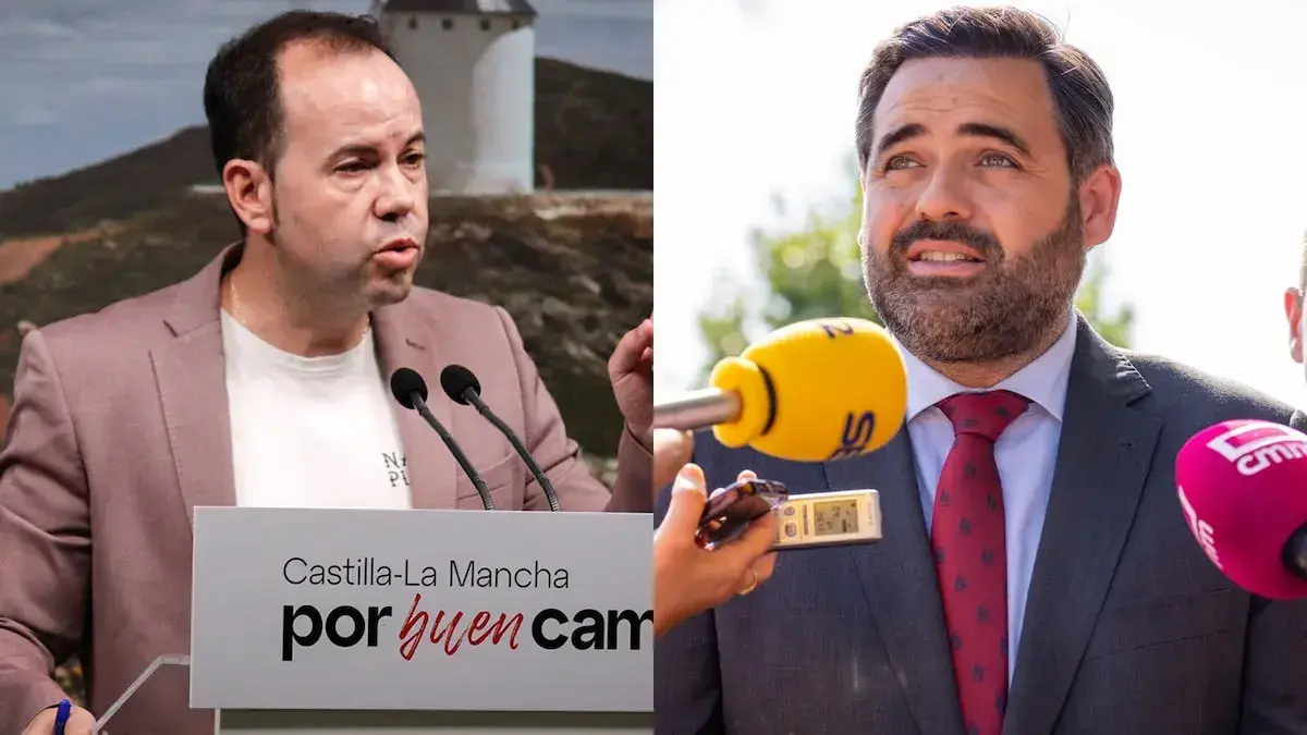 El secretario de Formaci&oacute;n del PSOE de Castilla-La Mancha, Sergio Garc&iacute;a Navas; y el presidente regional del PP, Paco N&uacute;&ntilde;ez, este martes en sendas comparecencias ante los medios.
