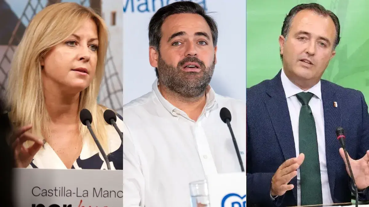 La portavoz del PSOE en las Cortes de Castilla-La Mancha, Ana Isabel Abeng&oacute;zar; el presidente regional del PP, Paco N&uacute;&ntilde;ez; y el presidente de Vox en el parlamento regional, David Moreno.