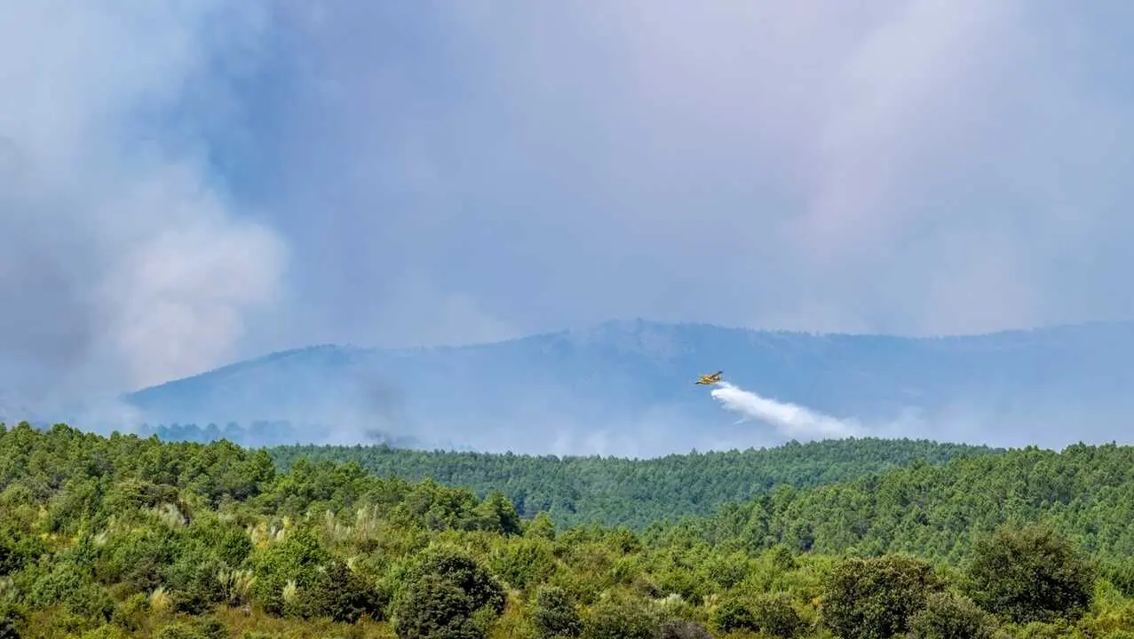 Un hidroavi&oacute;n trabaja en las tareas de extinci&oacute;n del incendio forestal que se inici&oacute; el pasado jueves en La Mierla, en la Sierra Norte de Guadalajara, que ha afectado ya a unas 13.000 hect&aacute;reas desde que fue detectado y ha hecho necesario evacuar varios pueblos - EFE/ Nacho Izquierdo