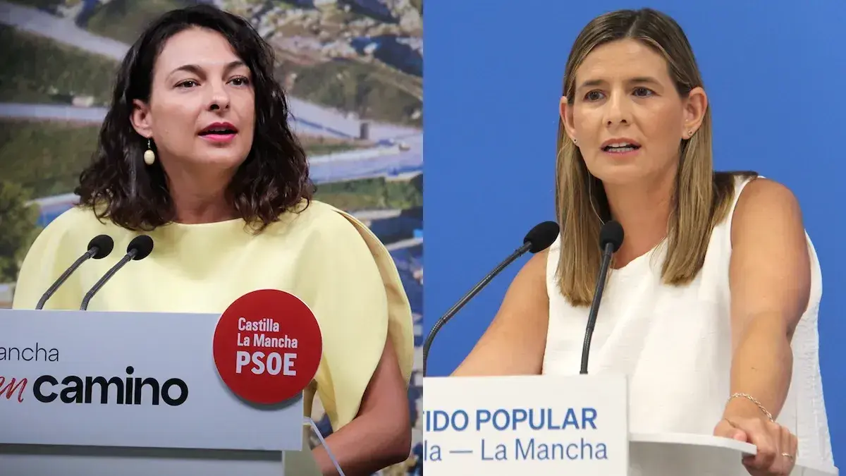 La diputada regional del PSOE, Paloma Jim&eacute;nez; y la secretaria general y portavoz paralamentaria del PP, Carolina Agudo, en sendas comparecencias este viernes en Toledo.