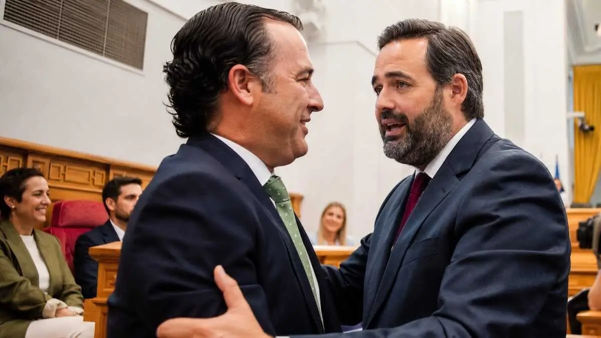 El presidente del PP de Castilla-La Mancha, Paco N&uacute;&ntilde;ez, se saluda con el presidente de Vox en el parlamento, David Moreno, en una imagen de archivo.