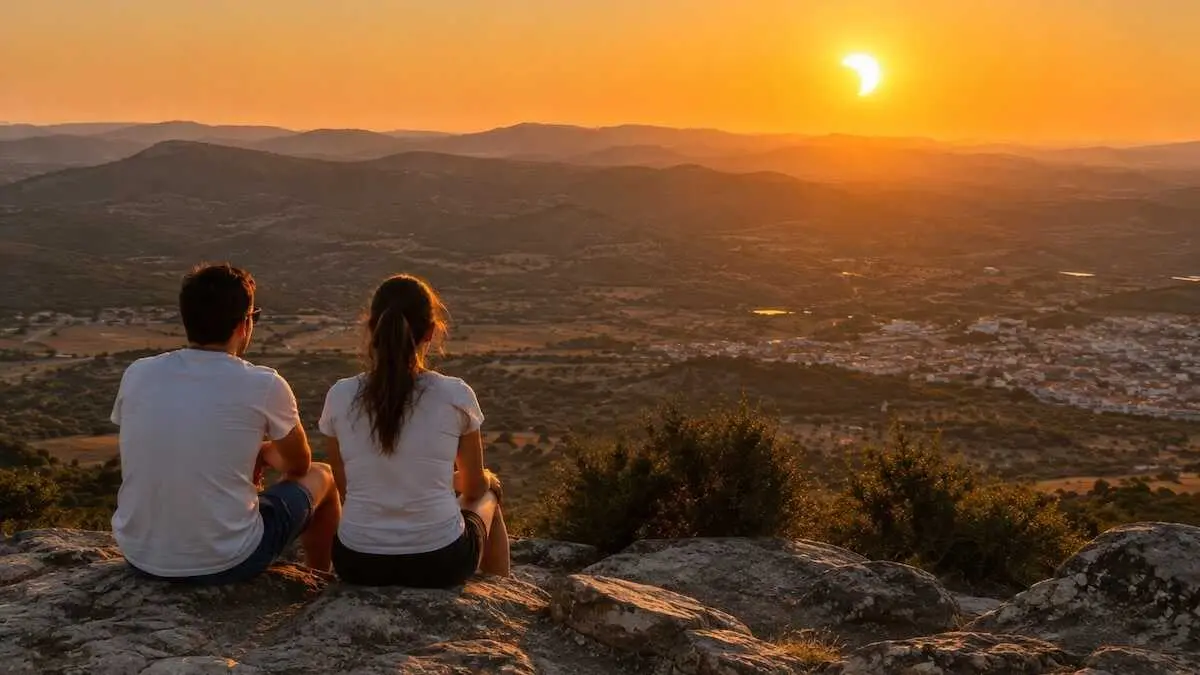 En la imagen una pareja contempla desde un paraje natural un eclipse