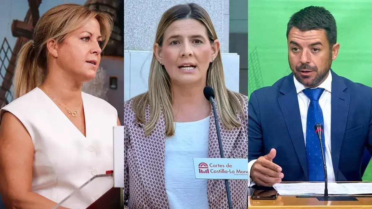 Los portavoces parlamentarios de PSOE, PP y Vox, Ana Isabel Abeng&oacute;zar, Carolina Adugo e Iv&aacute;n S&aacute;nchez, respectivamente, este lunes durante sus comparecencias ante los medios de comunicaci&oacute;n.