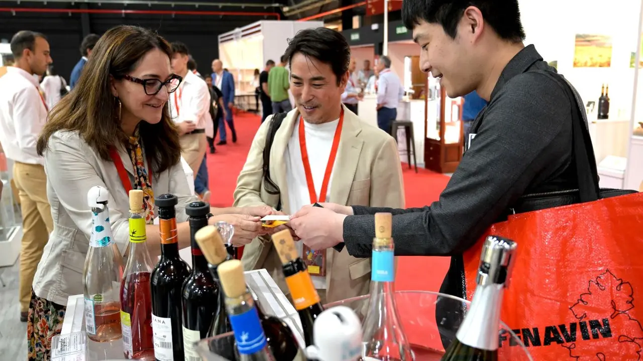 Dos visitantes internacionales se acercan a una de las bodegas participantes en la Feria Nacional del Vino (Fenavin), que se está celebrando hasta mañana día 11 en Ciudad Real, este miércoles - EFE/Jesús Monroy