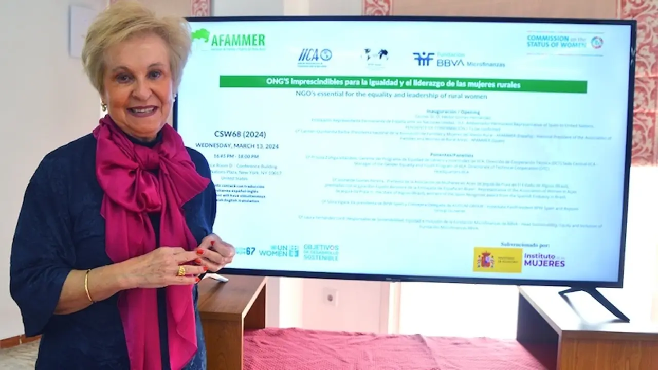 La presidenta nacional de Afammer, Carmen Quintanilla, presenta el evento paralelo "ONG's imprescindibles para la igualdad y el liderazgo de las mujeres rurales" que la asociación organiza el próximo 13 de marzo en la ONU