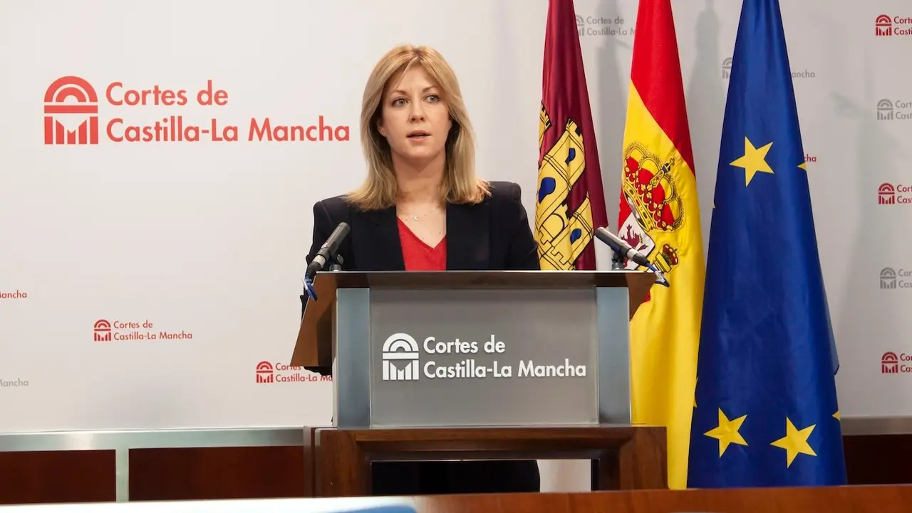 La portavoz del PSOE en las Cortes de Castilla-La Mancha, Ana Isabel Abengózar, durante la rueda de prensa que ha ofrecido en el Parlamento regional