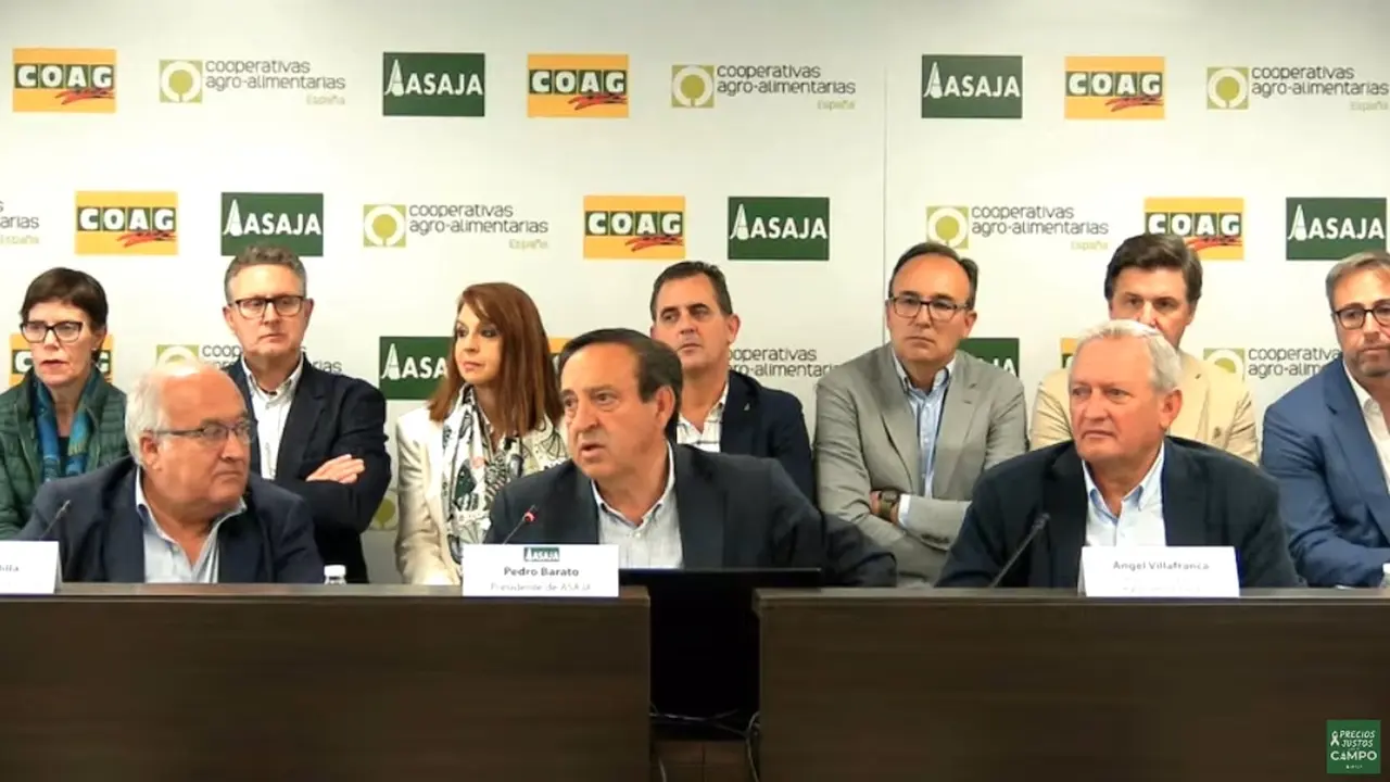 De izquierda a derecha: Miguel Padilla, secretario general de COAG, Pedro Barato, presidente de Asaja, y Ángel Villafranca, presidente de Cooperativas Agro-alimentarias