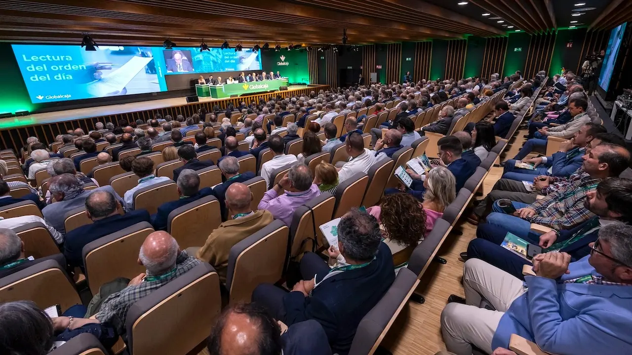 En la imagen un instante de la Asamblea General de Globalcaja celebrada este martes en el Pabellón Ferial de Ciudad Real