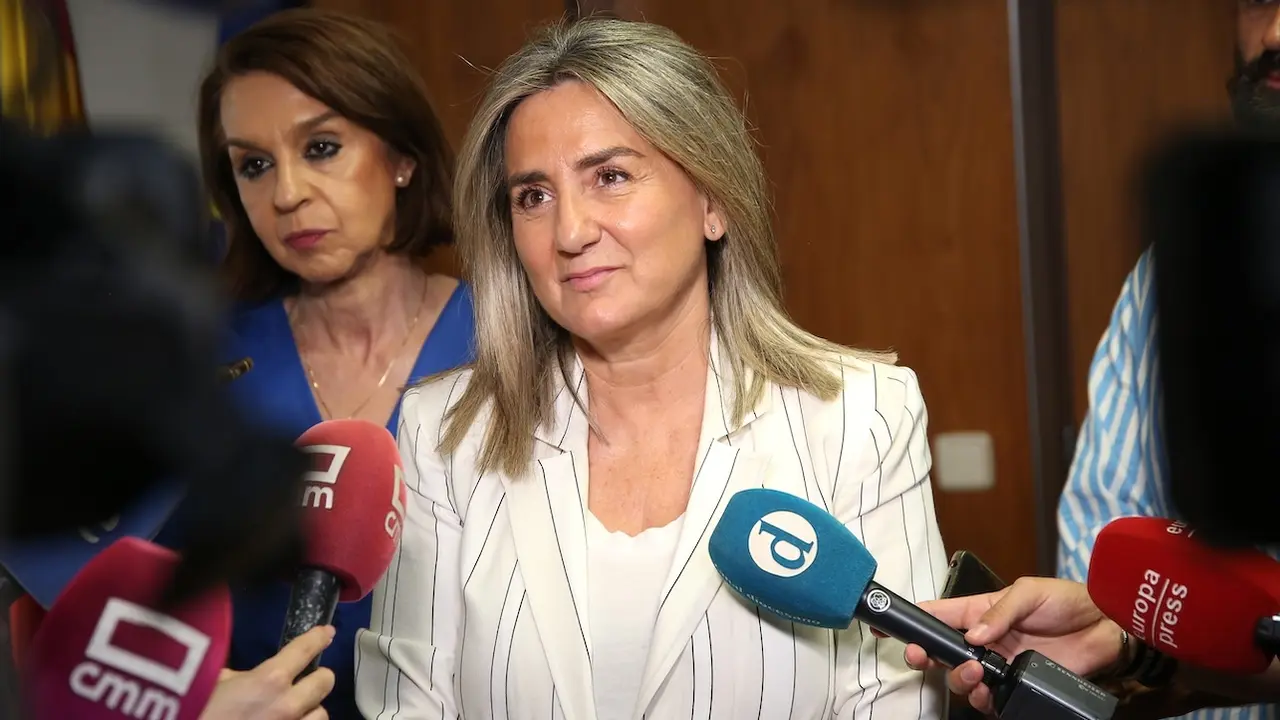La delegada del Gobierno en Castilla-La Mancha, Milagros Tolón, atendiendo a los medios de comunicación